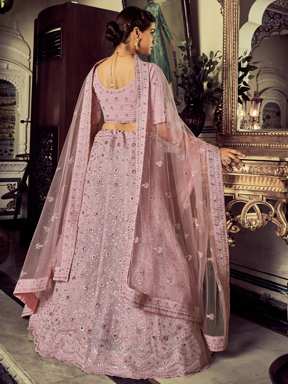 Stunning Mauve Georgette Embroidered Semi Stitched Lehenga With Unstitched Blouse