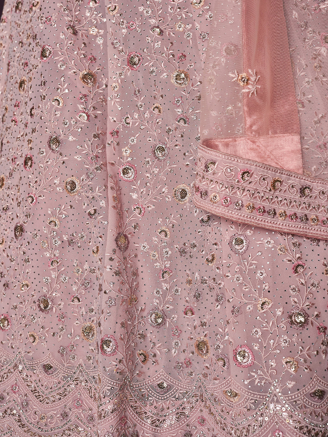 Stunning Mauve Georgette Embroidered Semi Stitched Lehenga With Unstitched Blouse