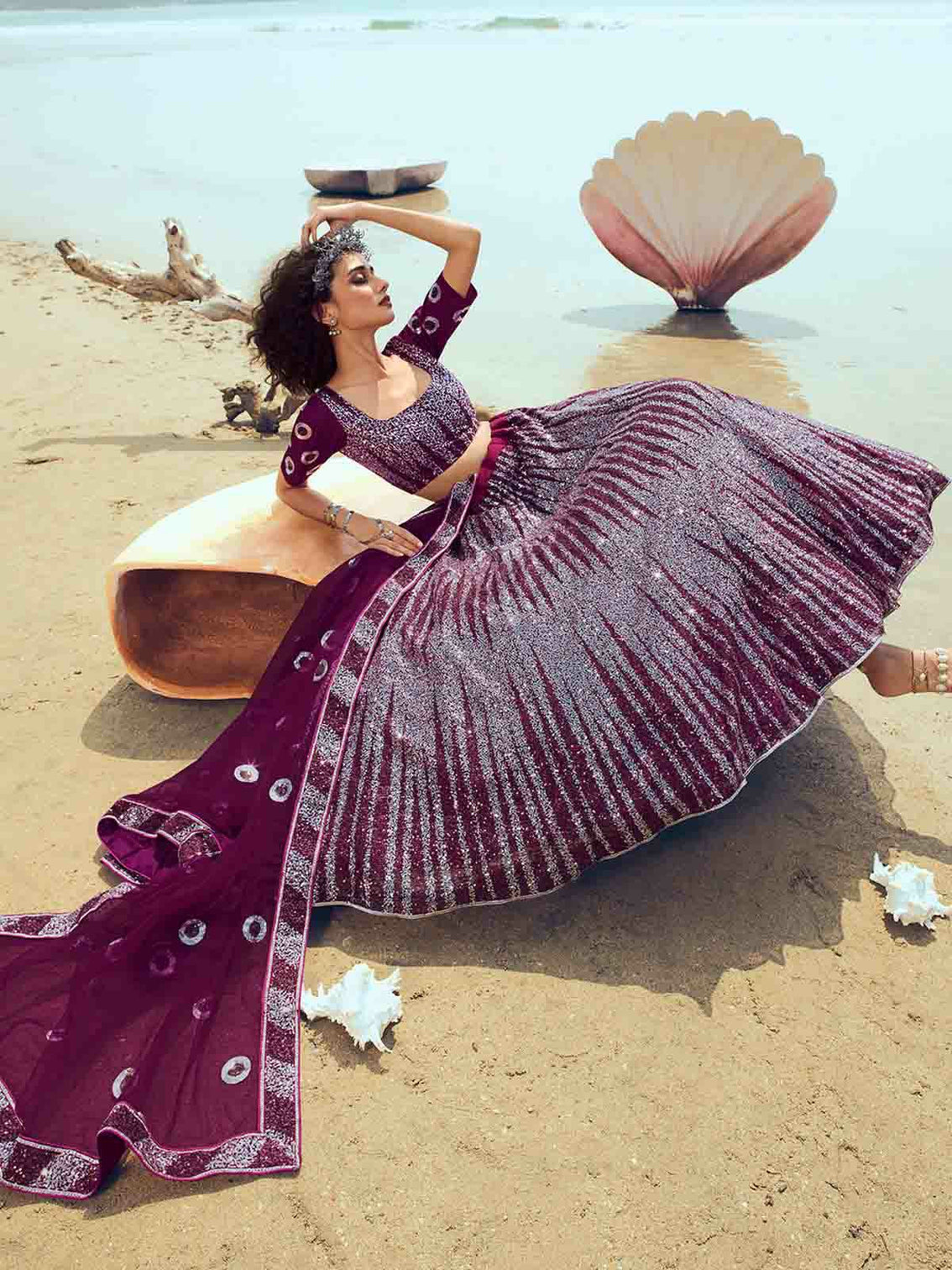 Designer Purple Soft Net Semi Stitched Lehenga with Unstitched Blouse