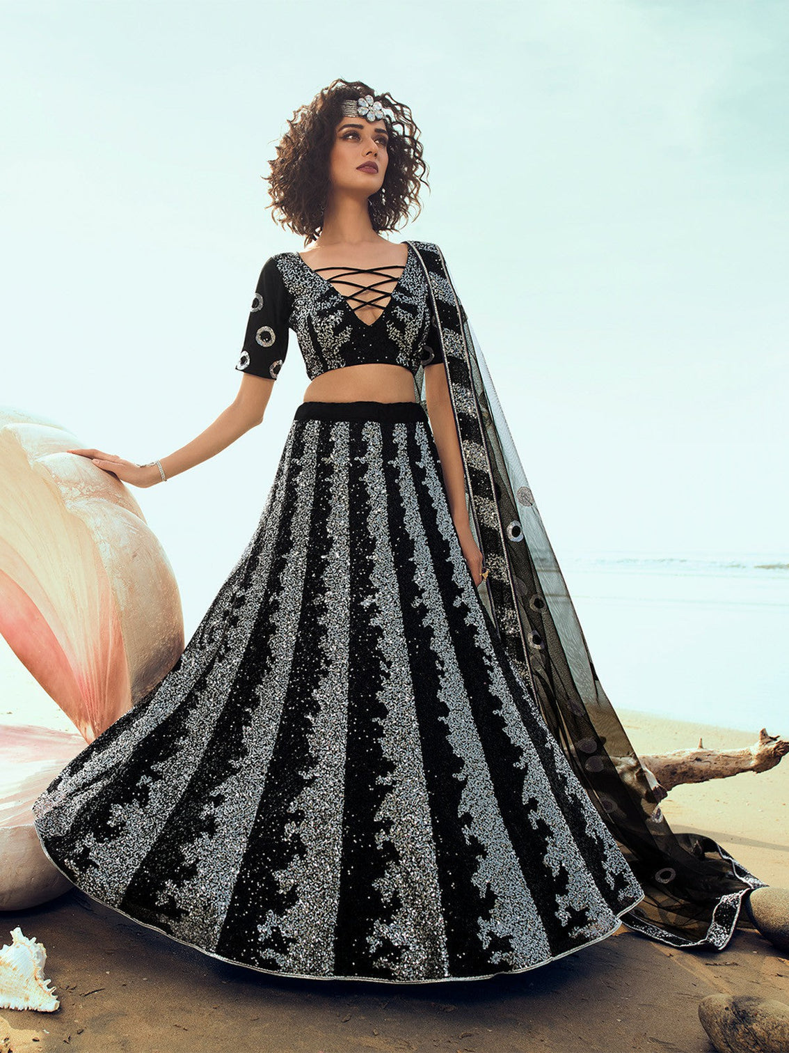 Designer Black Sequins Semi Stitched Lehenga with Unstitched Blouse