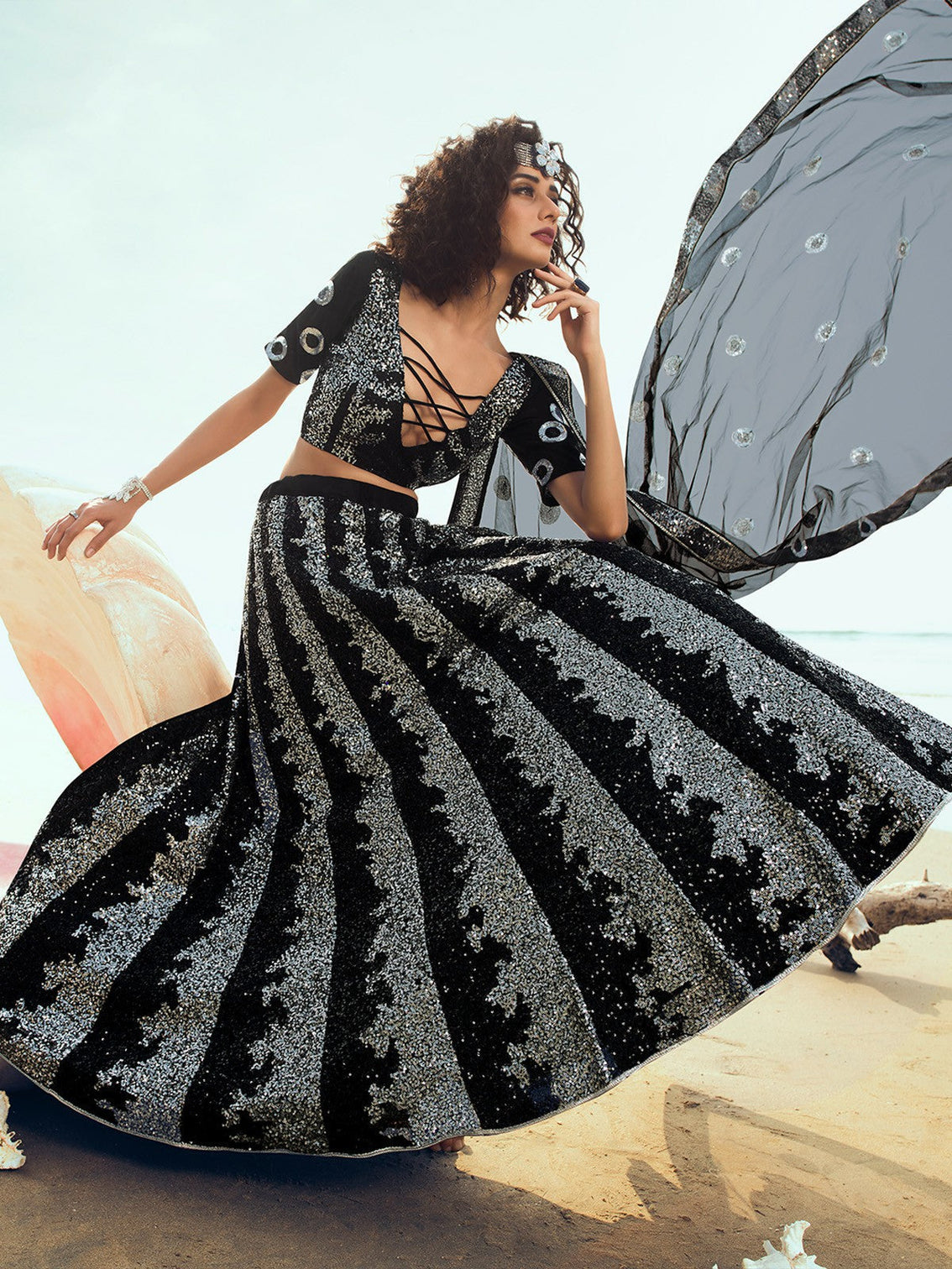 Designer Black Sequins Semi Stitched Lehenga with Unstitched Blouse