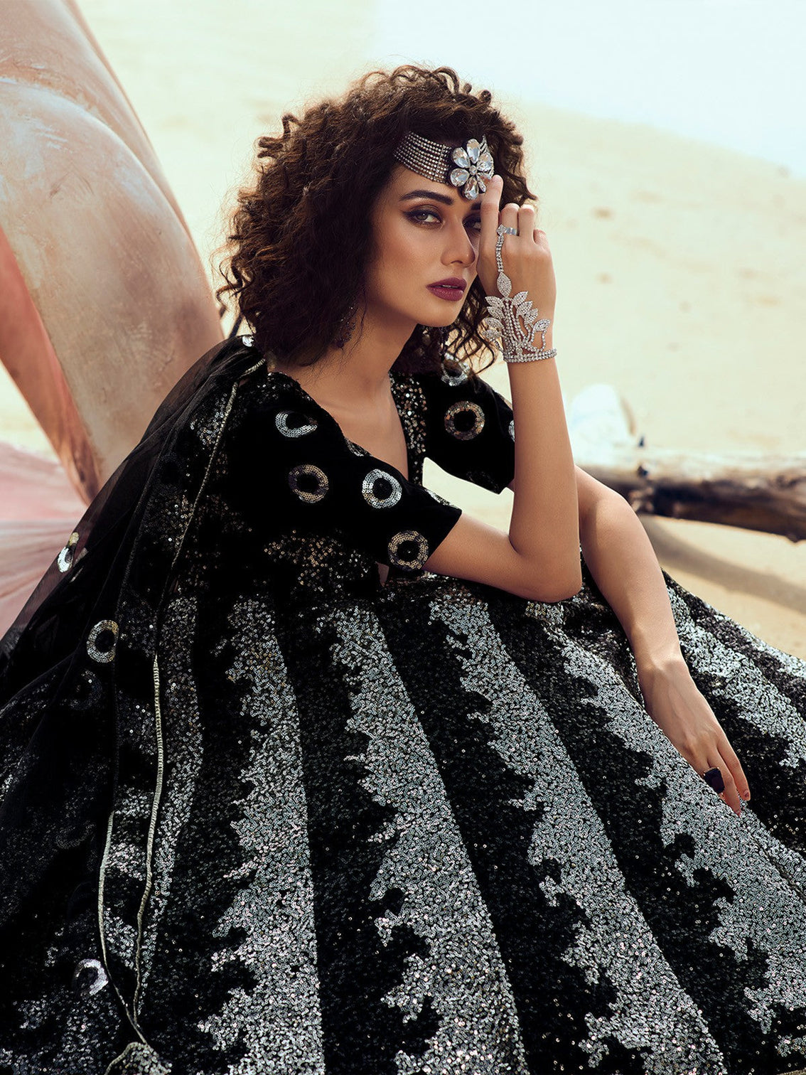 Designer Black Sequins Semi Stitched Lehenga with Unstitched Blouse