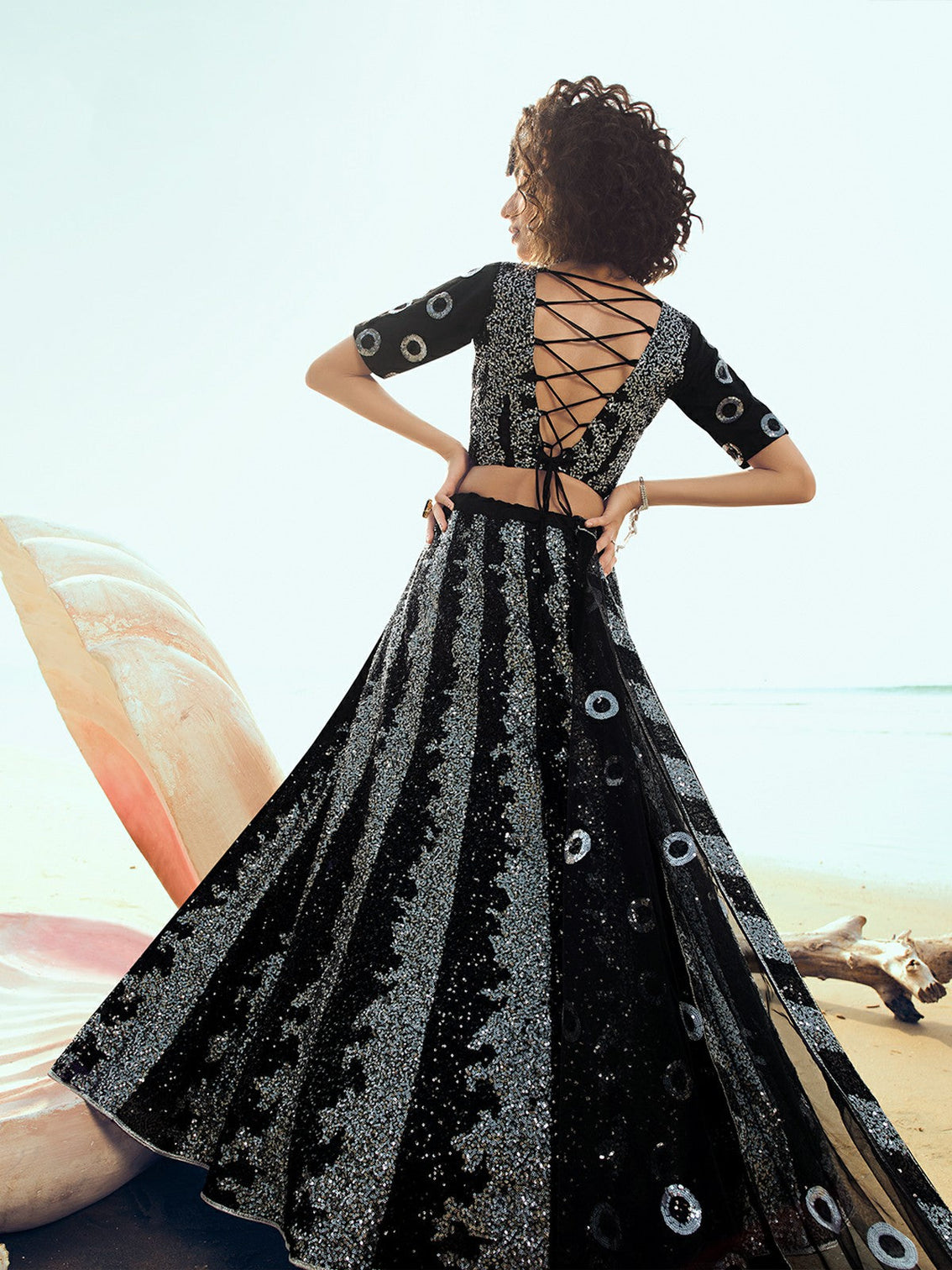 Designer Black Sequins Semi Stitched Lehenga with Unstitched Blouse