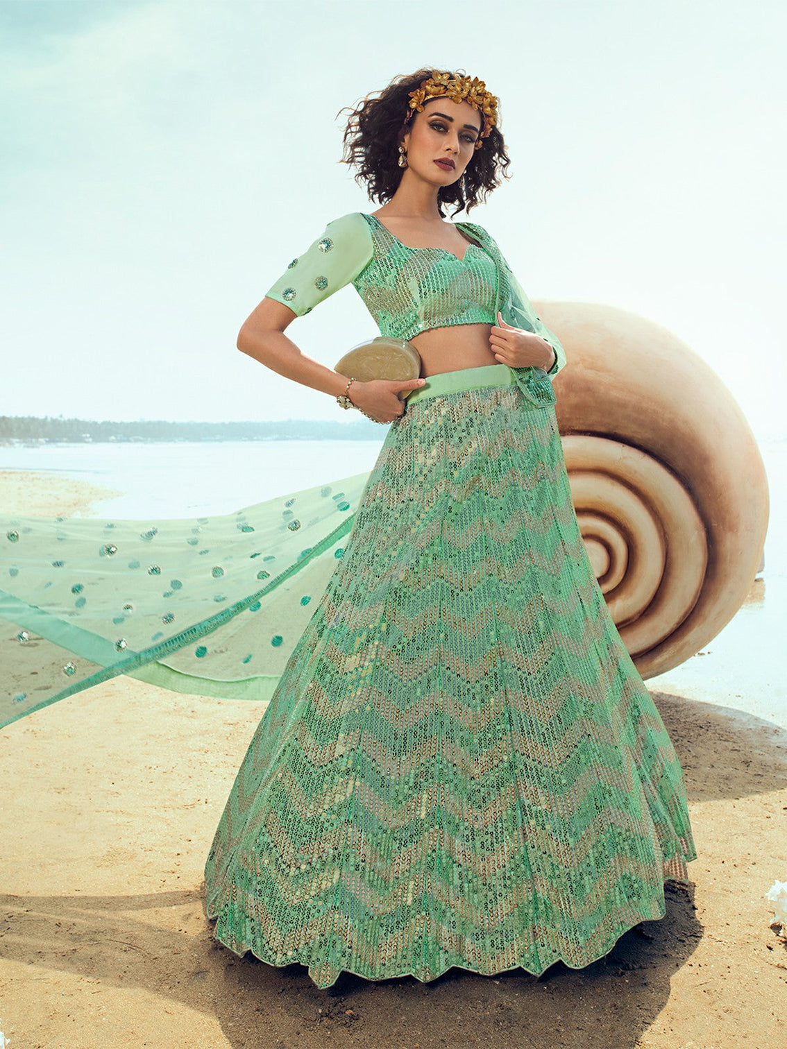 Green Elegant Semi Stitched Lehenga with Unstitched Blouse