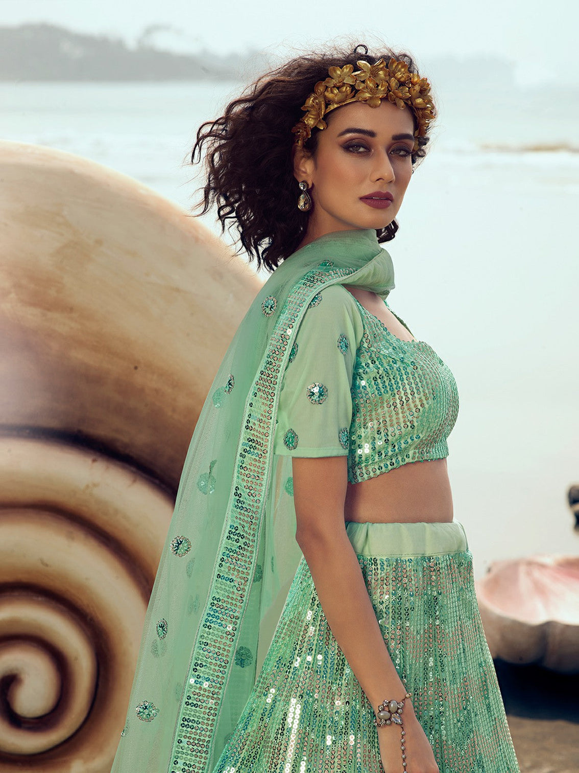 Green Elegant Semi Stitched Lehenga with Unstitched Blouse