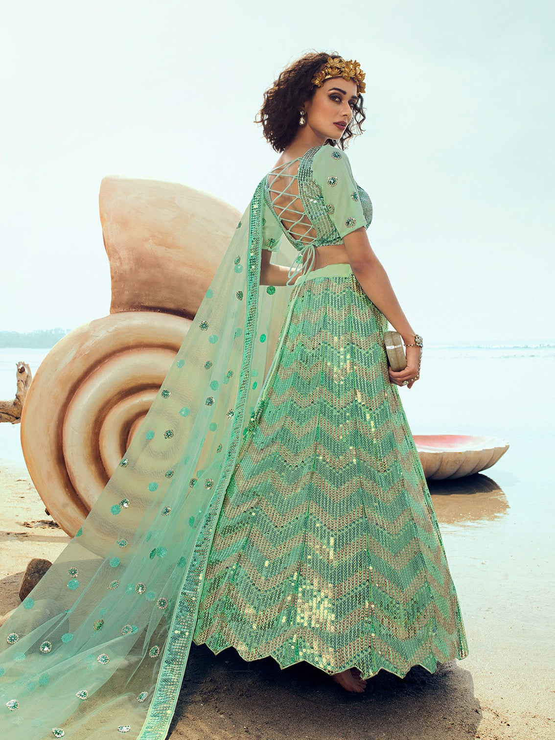 Green Elegant Semi Stitched Lehenga with Unstitched Blouse