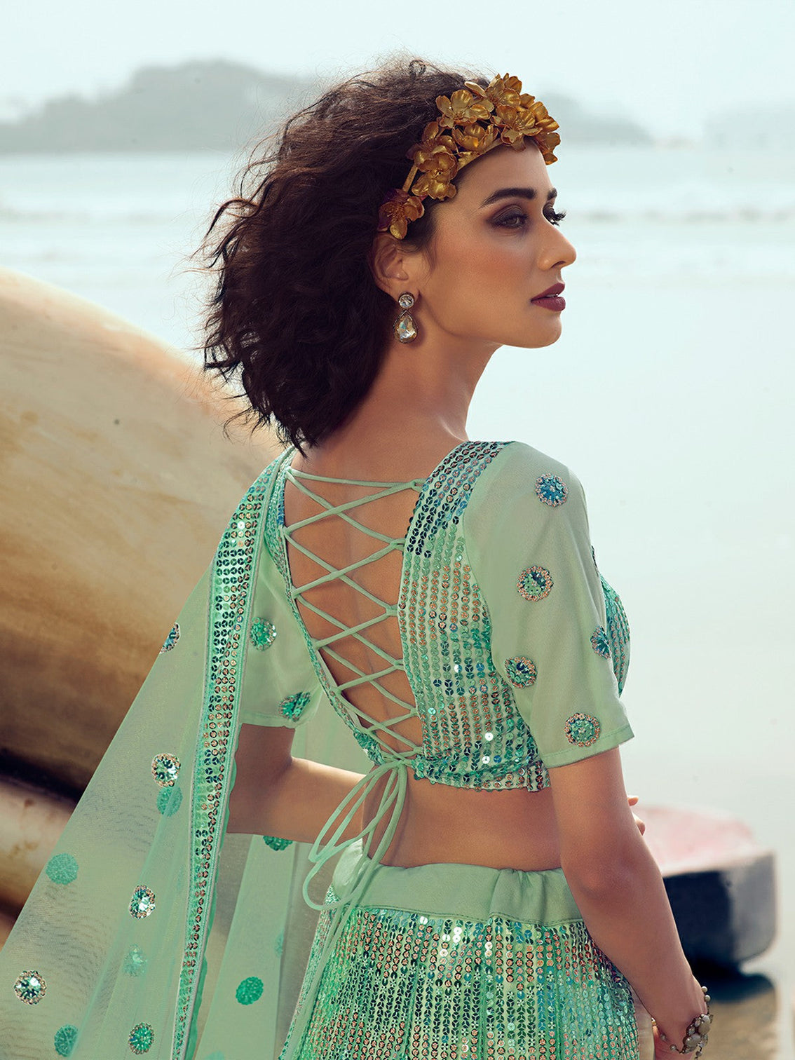 Green Elegant Semi Stitched Lehenga with Unstitched Blouse