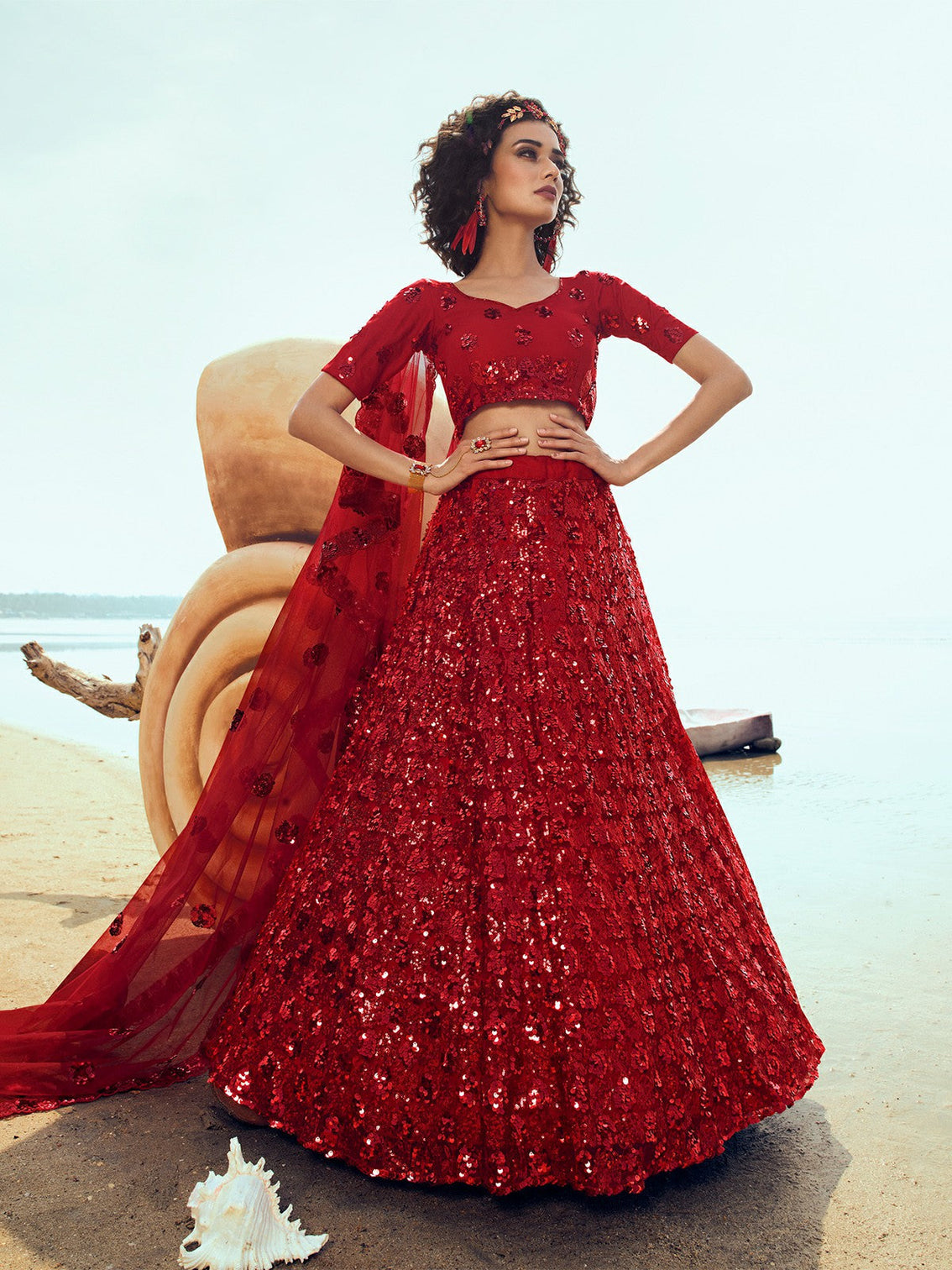 Red Soft Net Sequins Semi Stitched Lehenga with Unstitched Blouse