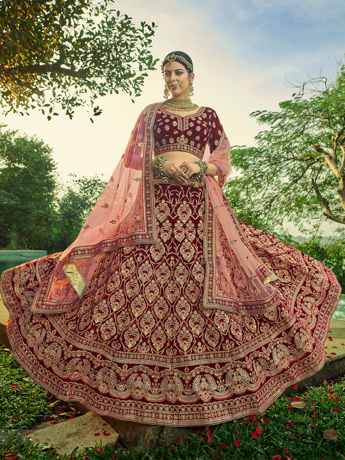 Maroon Velvet Semi Stitched Lehenga With Unstitched Blouse