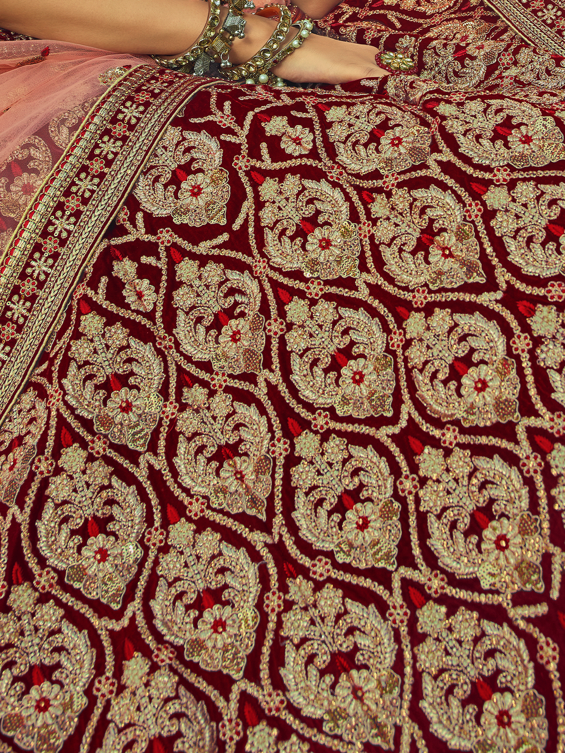 Maroon Velvet Semi Stitched Lehenga With Unstitched Blouse