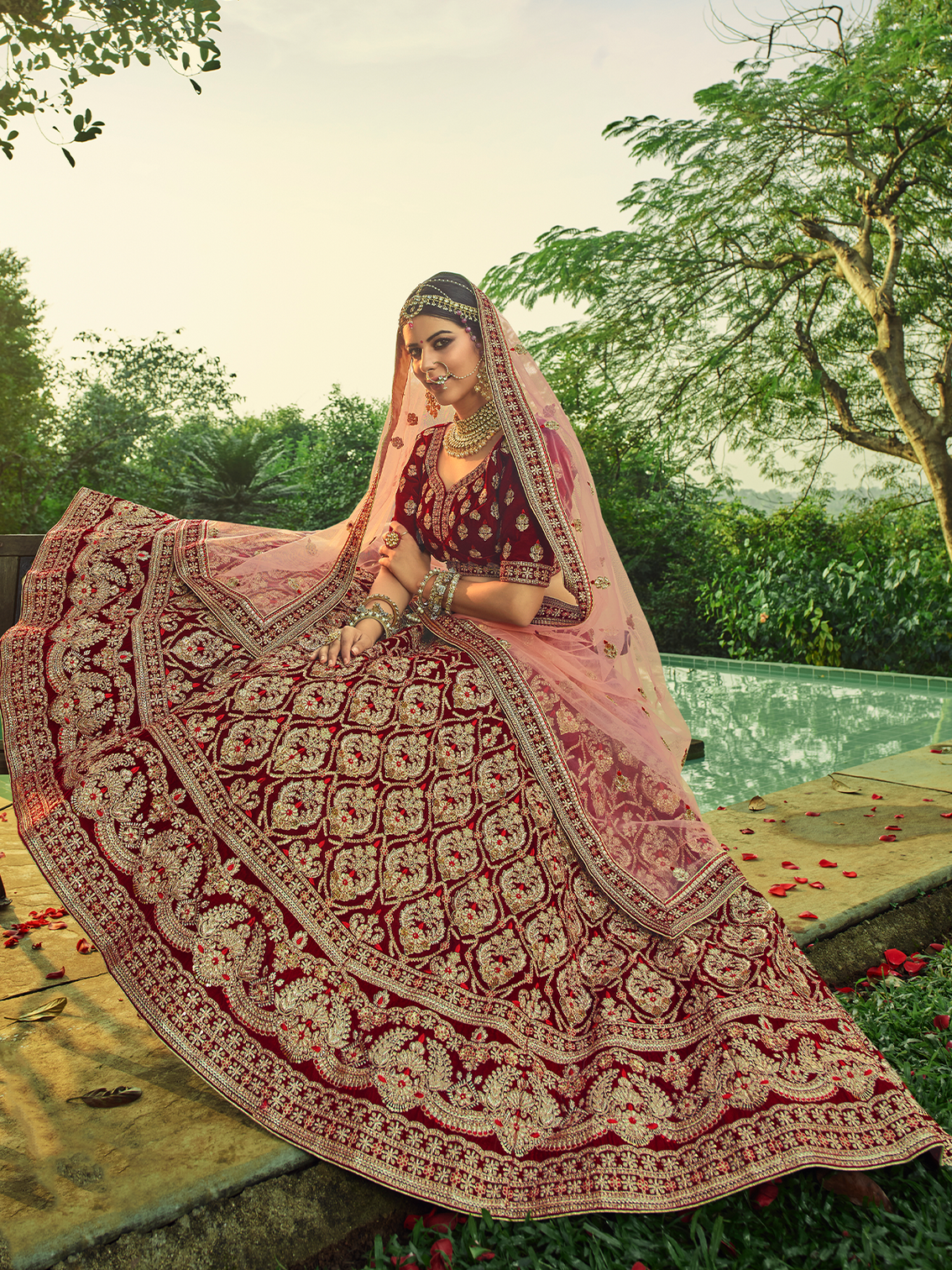 Maroon Velvet Semi Stitched Lehenga With Unstitched Blouse