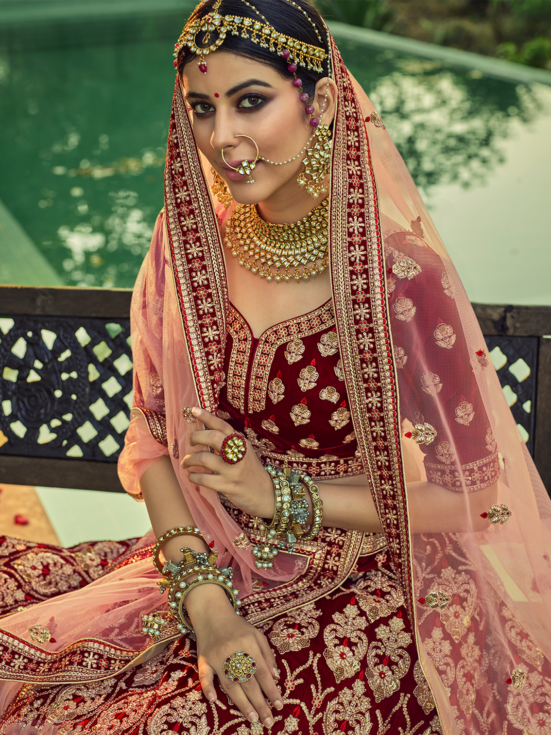 Maroon Velvet Semi Stitched Lehenga With Unstitched Blouse