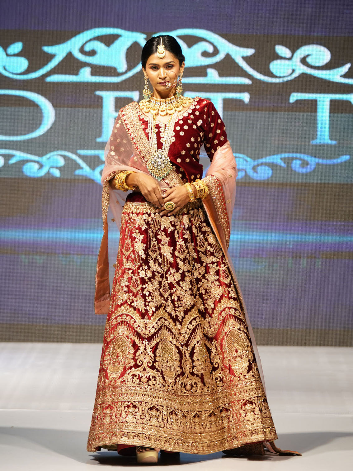 Maroon Velvet Semi Stitched Lehenga With  Unstitched Blouse