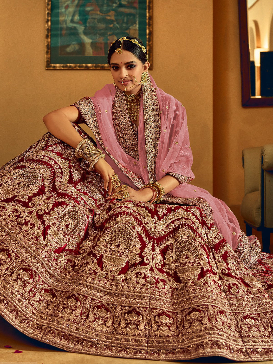 Maroon Velvet Semi Stitched Lehenga With  Unstitched Blouse