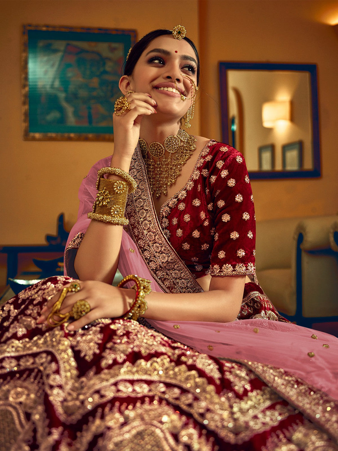 Maroon Velvet Semi Stitched Lehenga With  Unstitched Blouse