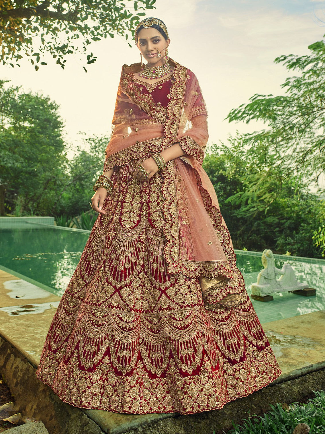 Designer Maroon Semi Stitched Lehenga With Unstitched Blouse