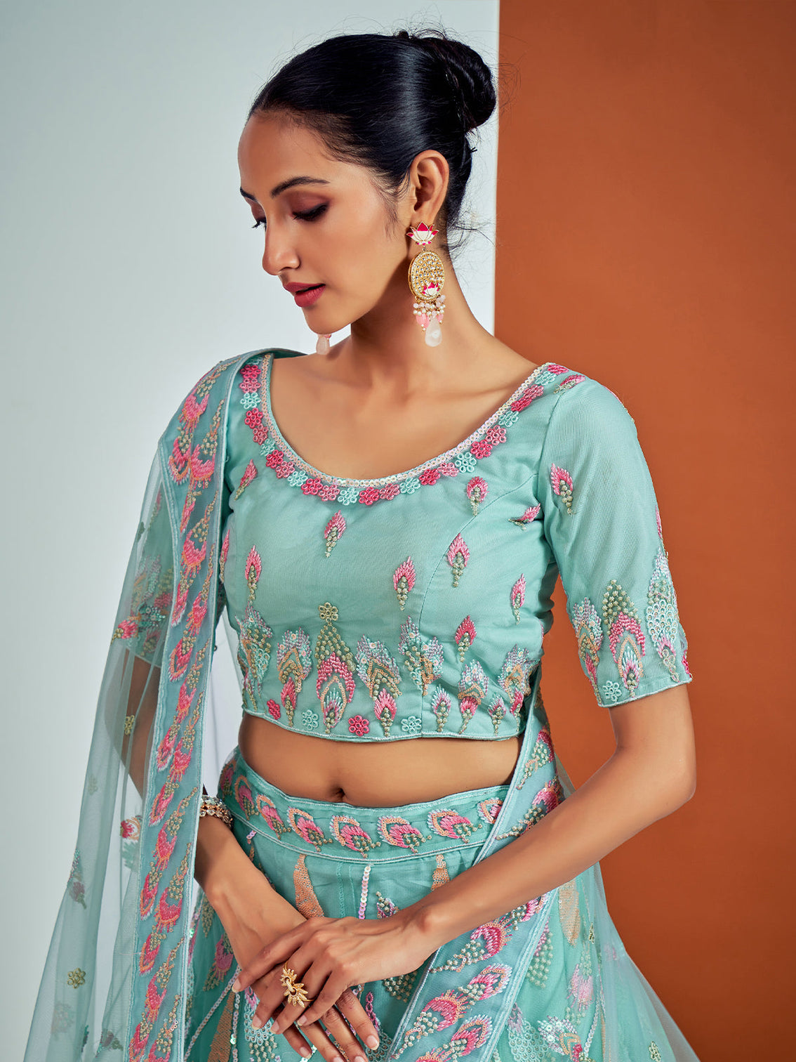 Stylish Blue Soft Net Semi Stitched Lehenga With Unstitched Blouse