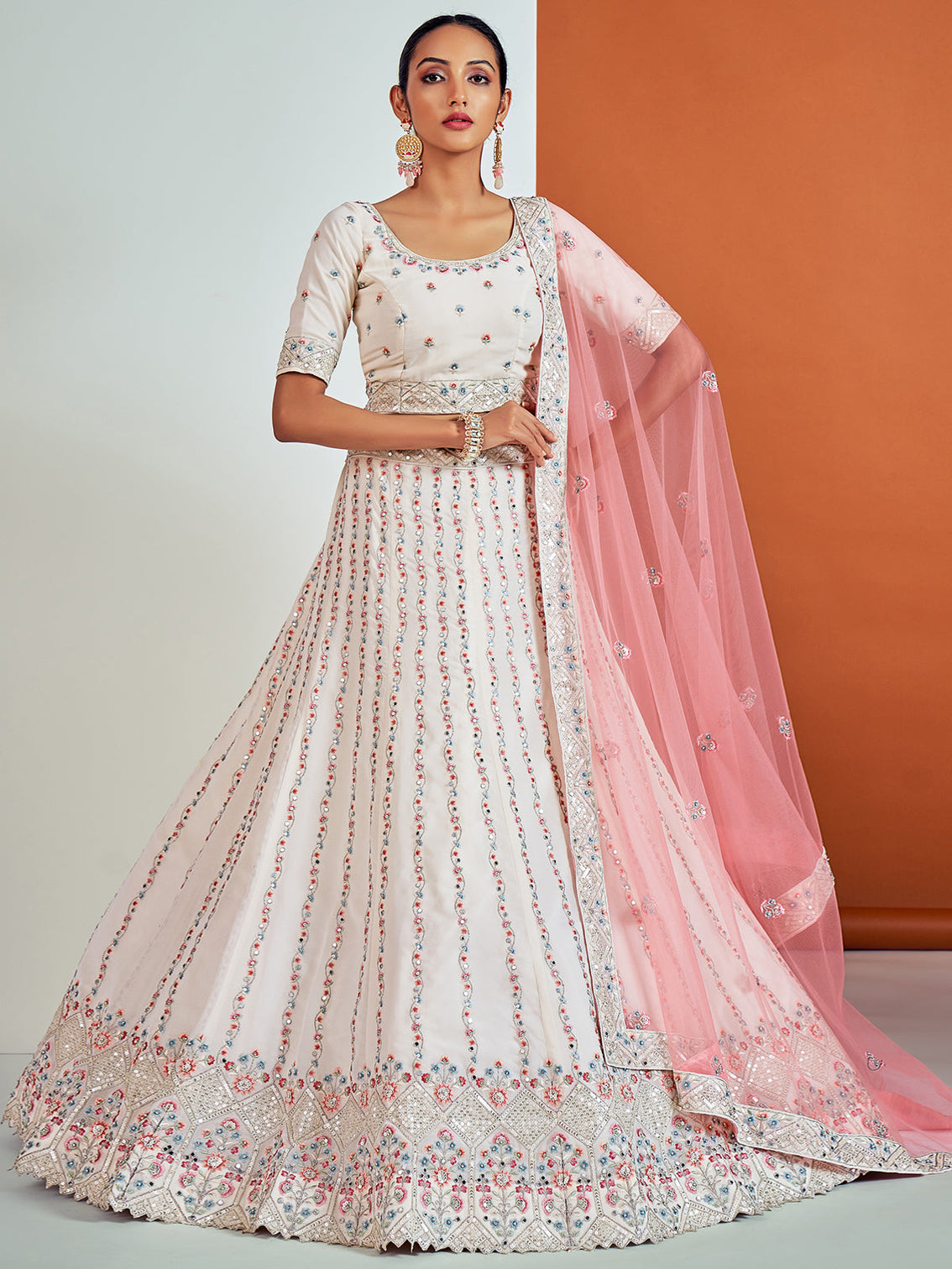 Modren White Georgette Semi Stitched Lehenga With Unstitched Blouse