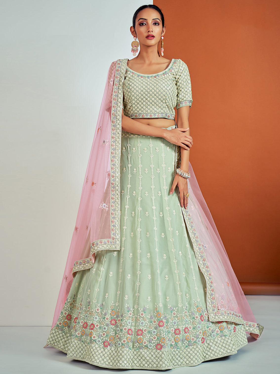 Designer Sea Green Georgette Semi Stitched Lehenga With Unstitched Blouse