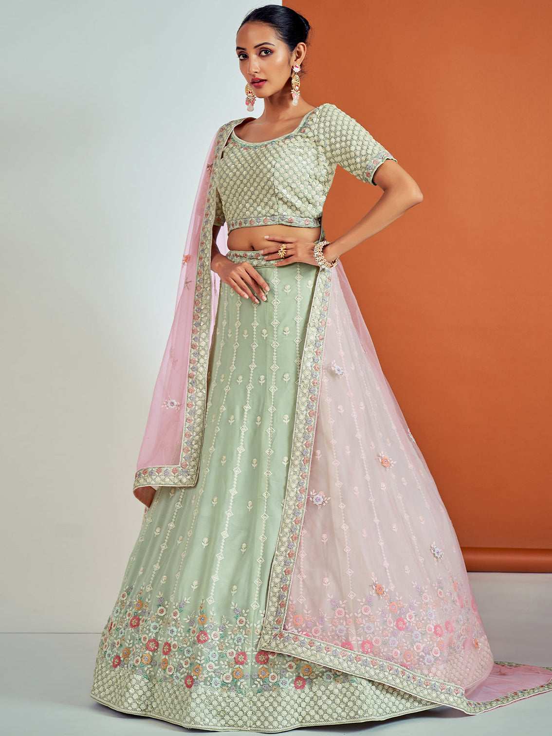 Designer Sea Green Georgette Semi Stitched Lehenga With Unstitched Blouse