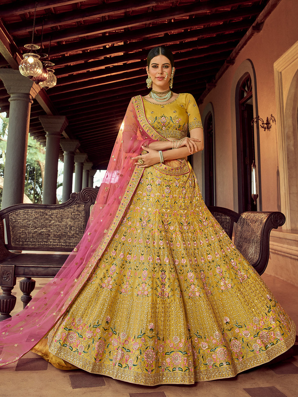 Mustard Embroidered Blended Organza Semi Stitched Lehenga With Unstitched Blouse