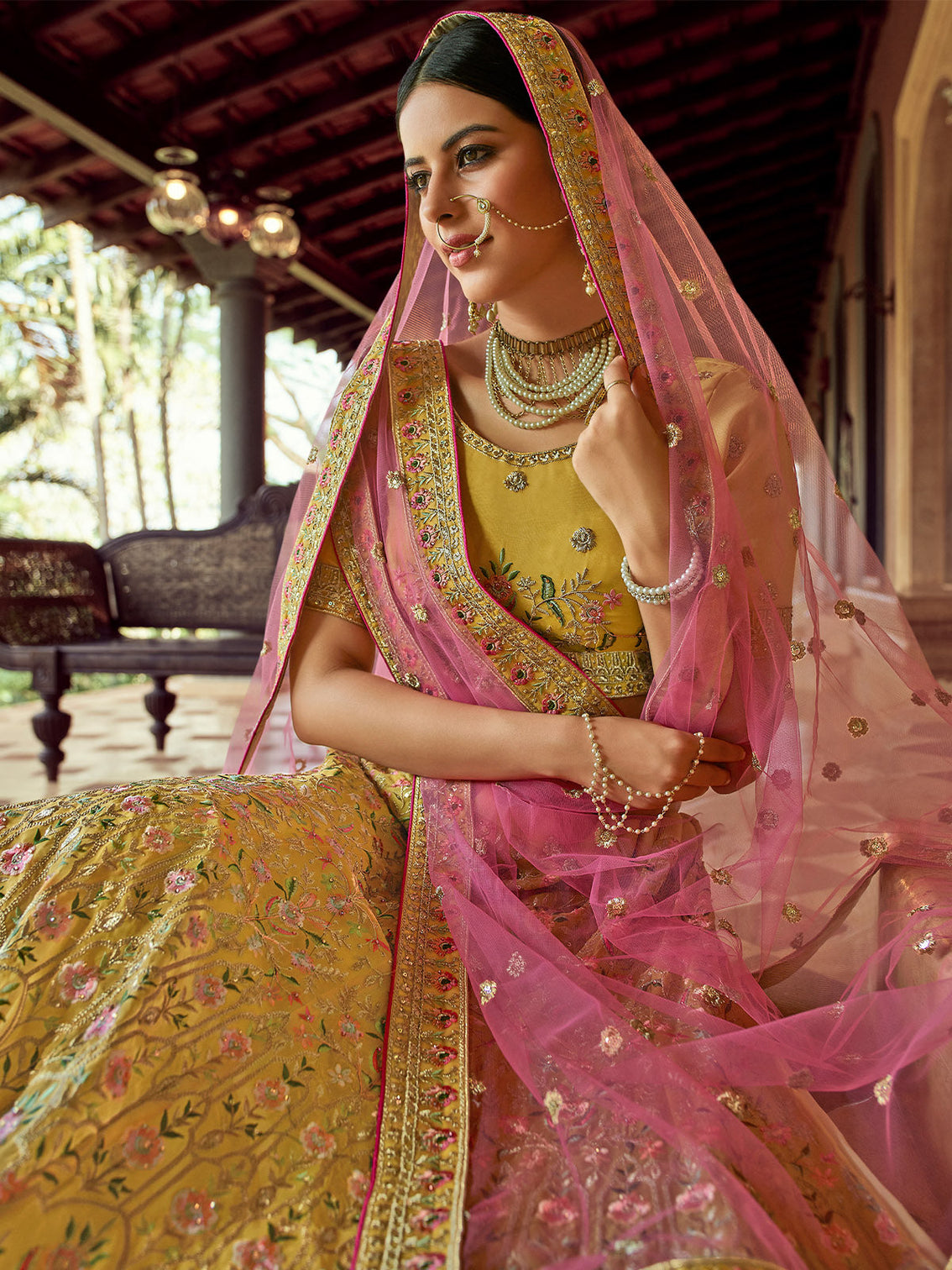 Mustard Embroidered Blended Organza Semi Stitched Lehenga With Unstitched Blouse