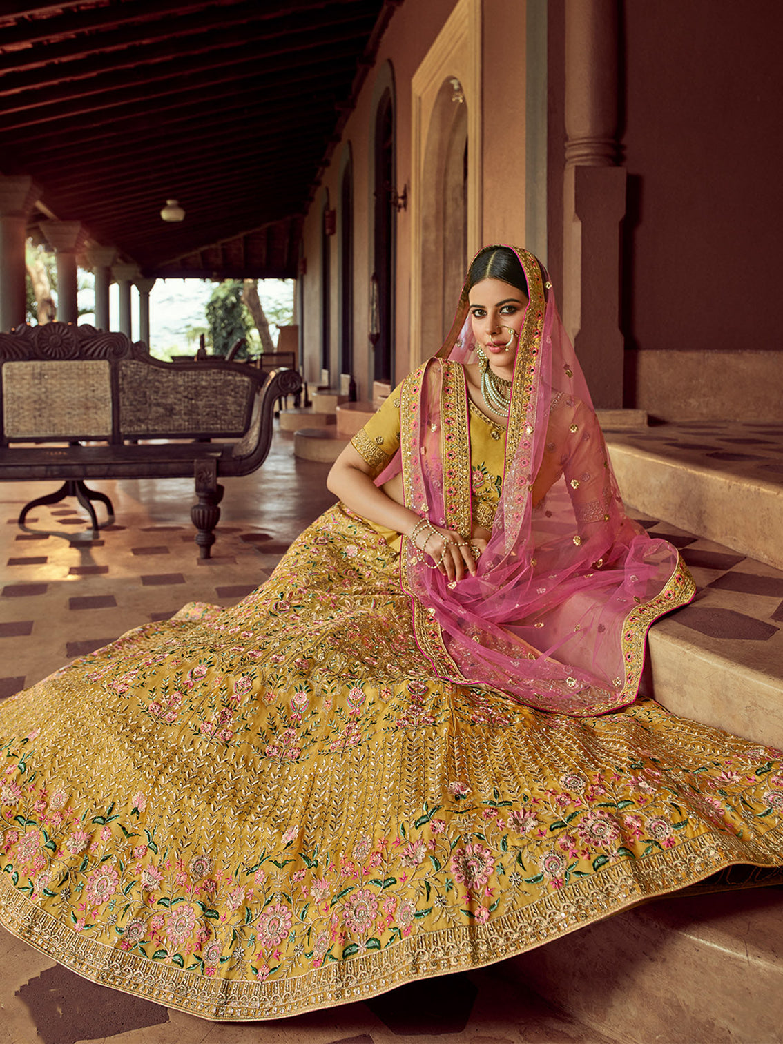Mustard Embroidered Blended Organza Semi Stitched Lehenga With Unstitched Blouse