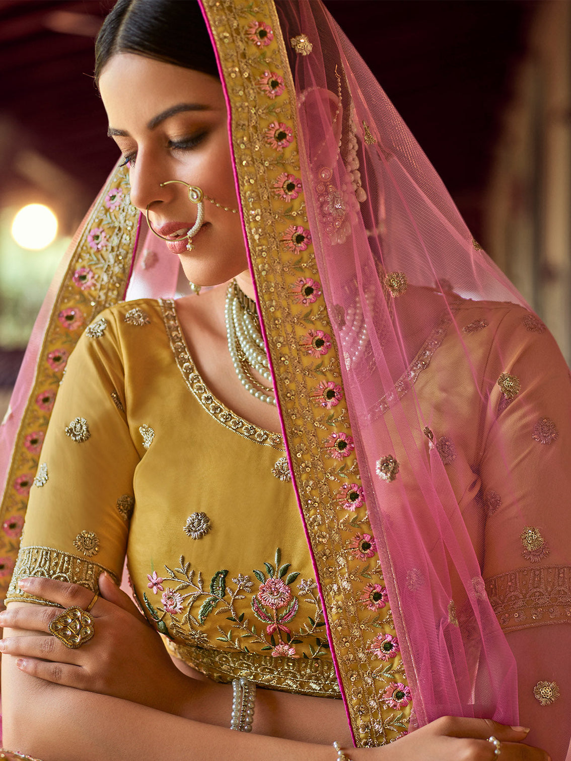 Mustard Embroidered Blended Organza Semi Stitched Lehenga With Unstitched Blouse