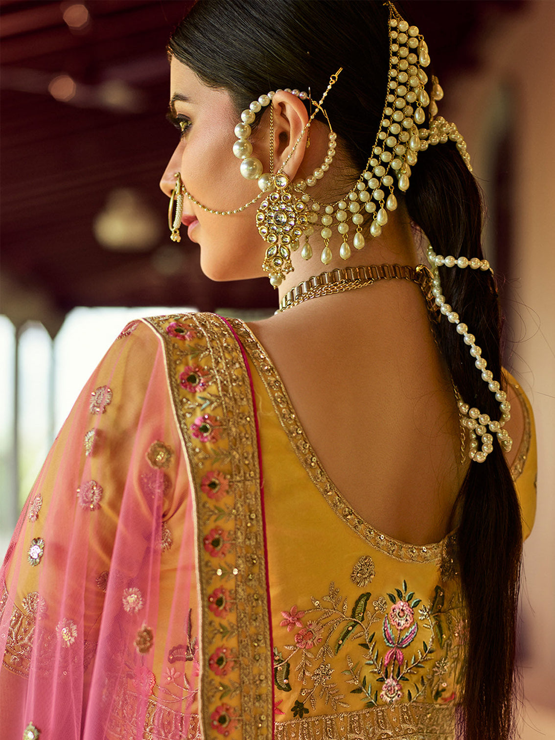 Mustard Embroidered Blended Organza Semi Stitched Lehenga With Unstitched Blouse