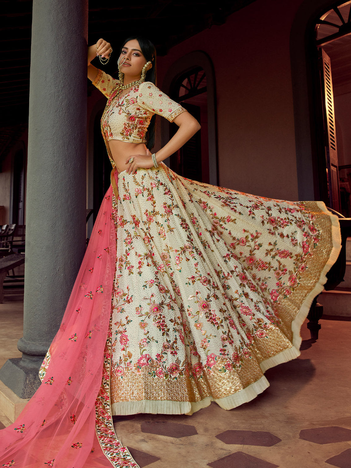 Apricot Swarovski Embroidered Semi Stitched Lehenga With Unstitched Blouse