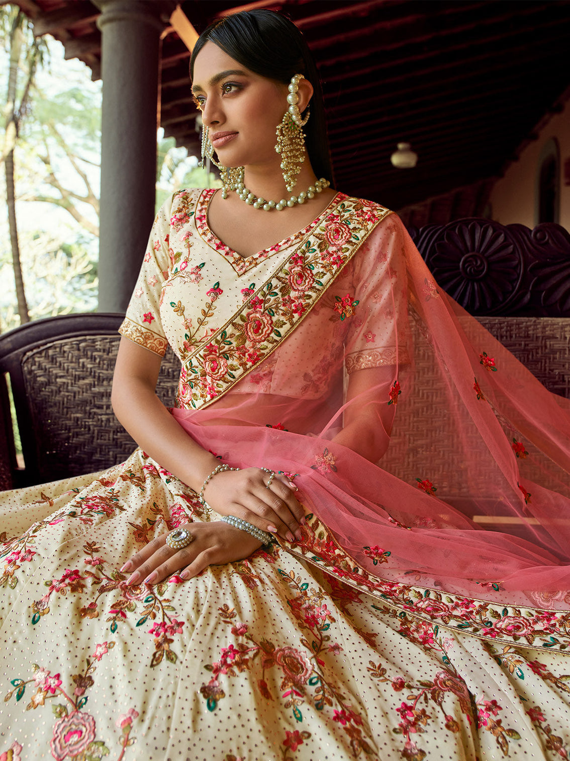 Apricot Swarovski Embroidered Semi Stitched Lehenga With Unstitched Blouse
