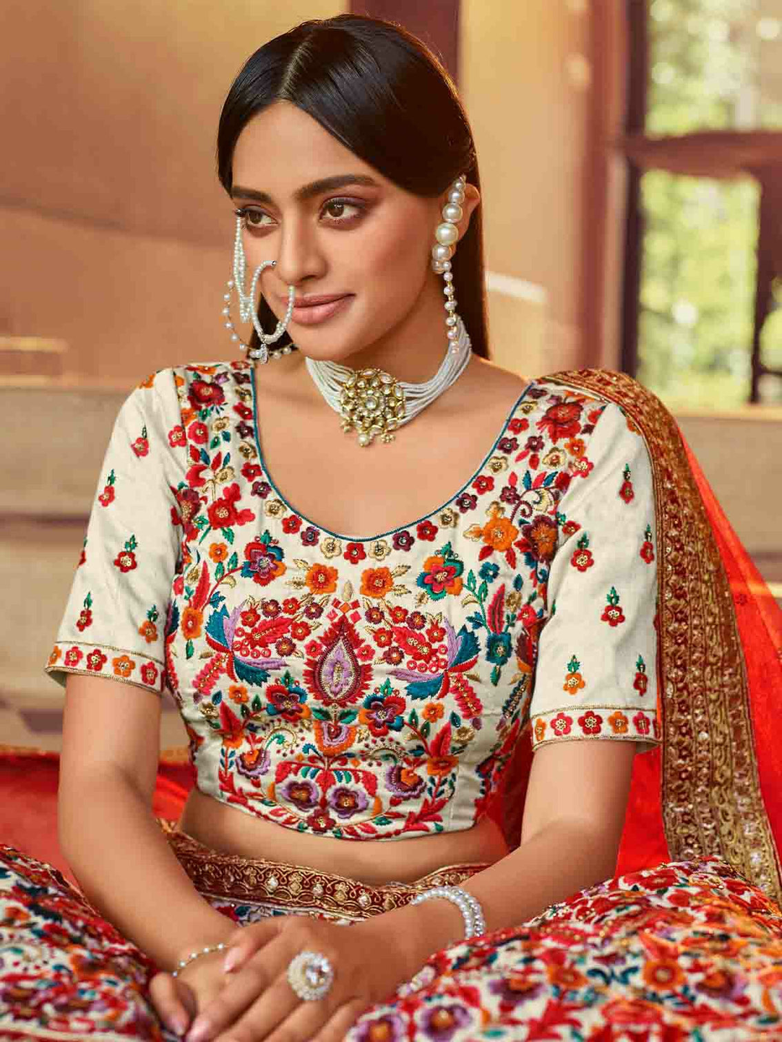 Multicolor Embroidered Art Silk Semi Stitched Lehenga With Unstitched Blouse