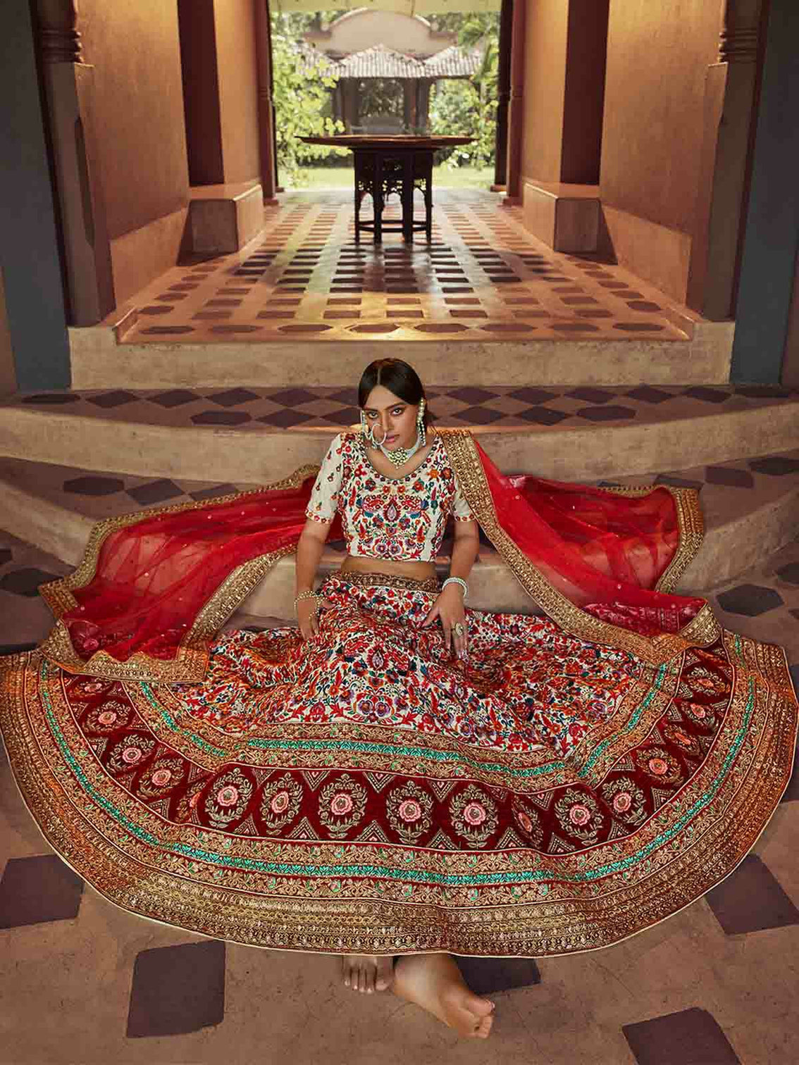 Multicolor Embroidered Art Silk Semi Stitched Lehenga With Unstitched Blouse