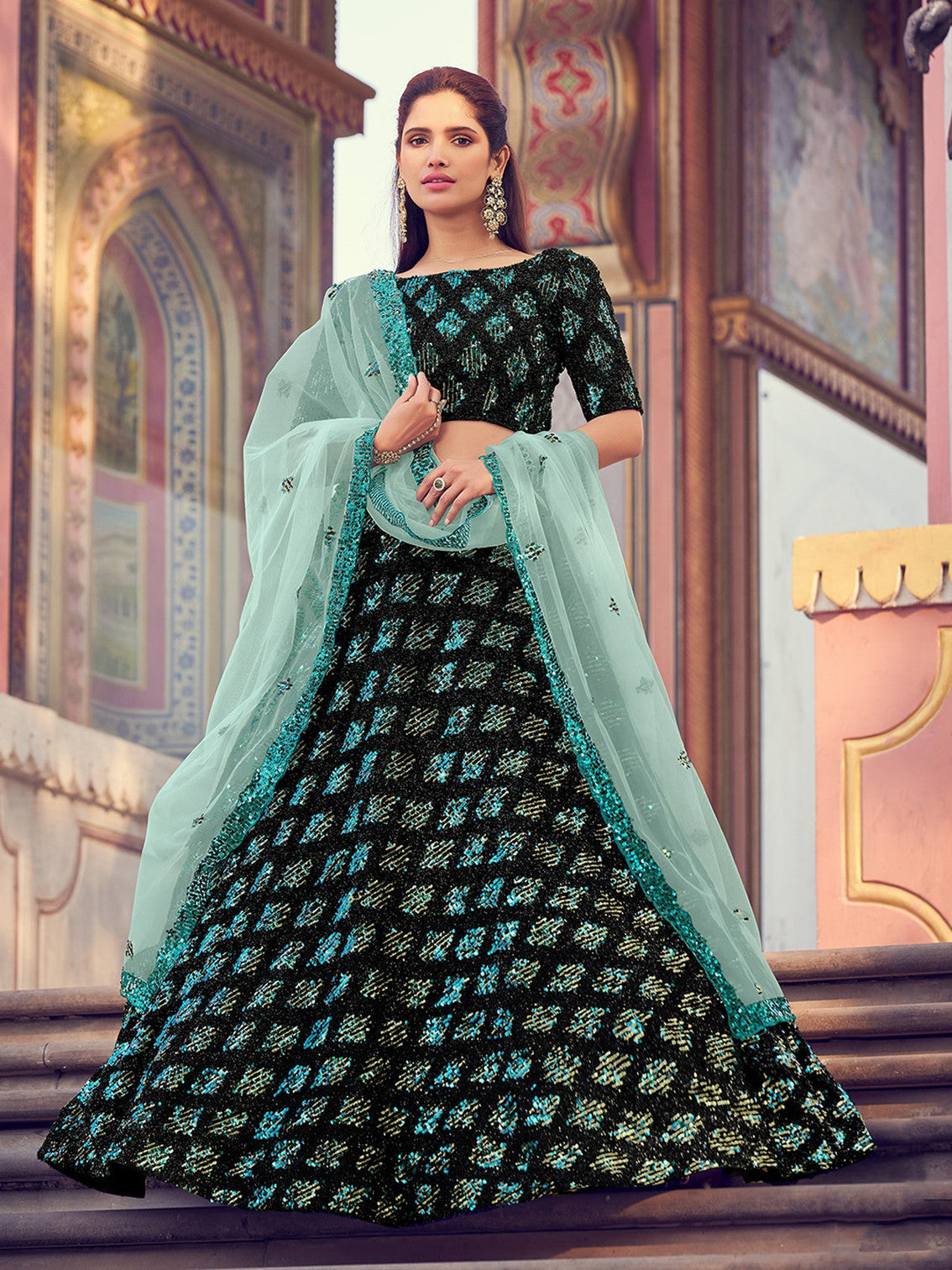 Black Elegant Semi Stitched Lehenga With Unstitched Blouse