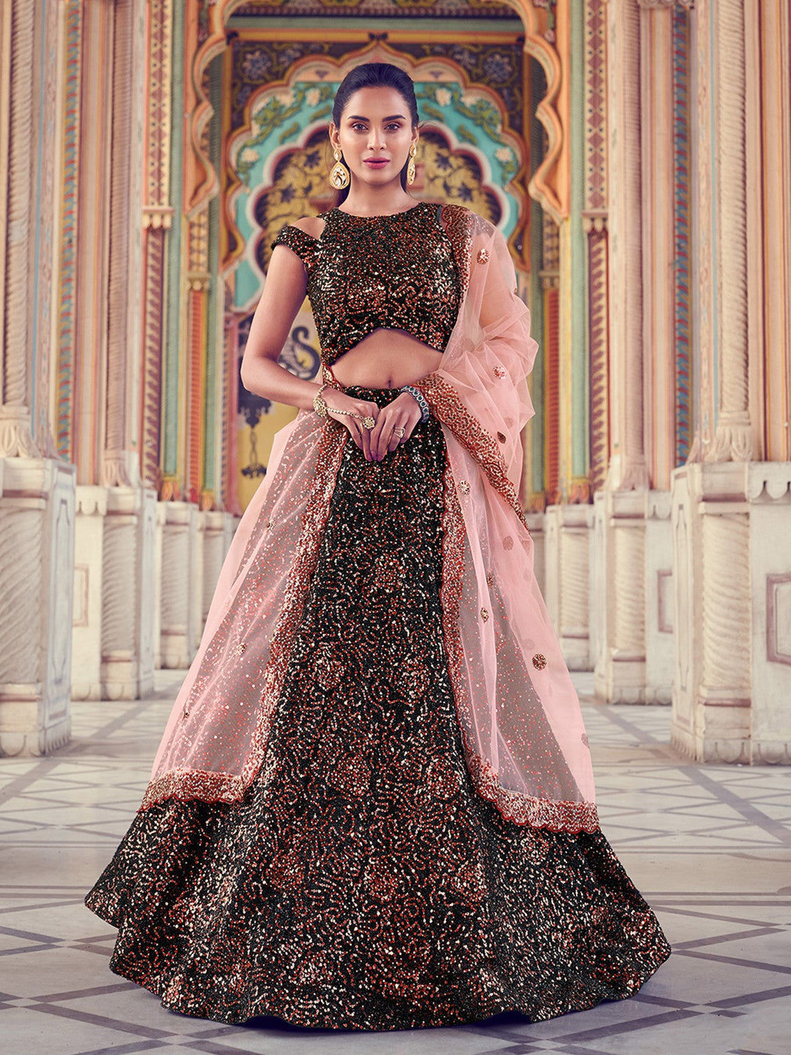 Black Elegant Fur Imported Fabric Semi Stitched Lehenga With Unstitched Blouse