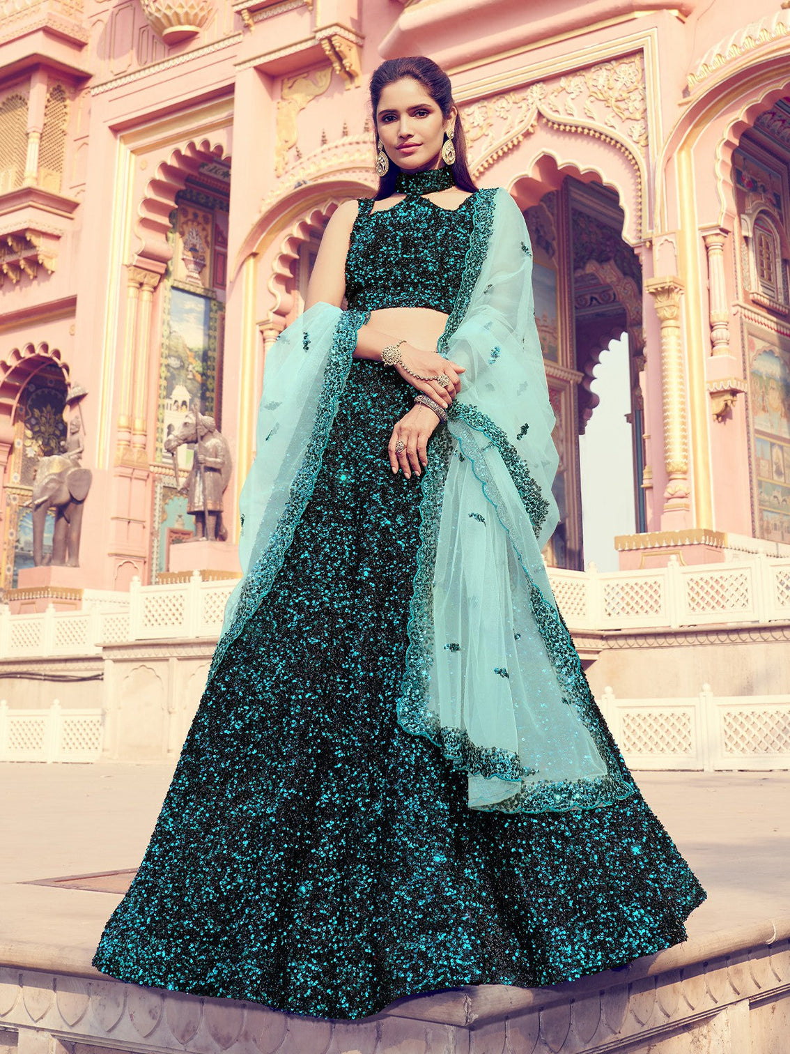 Green Classy Semi Stitched Lehenga With Unstitched Blouse