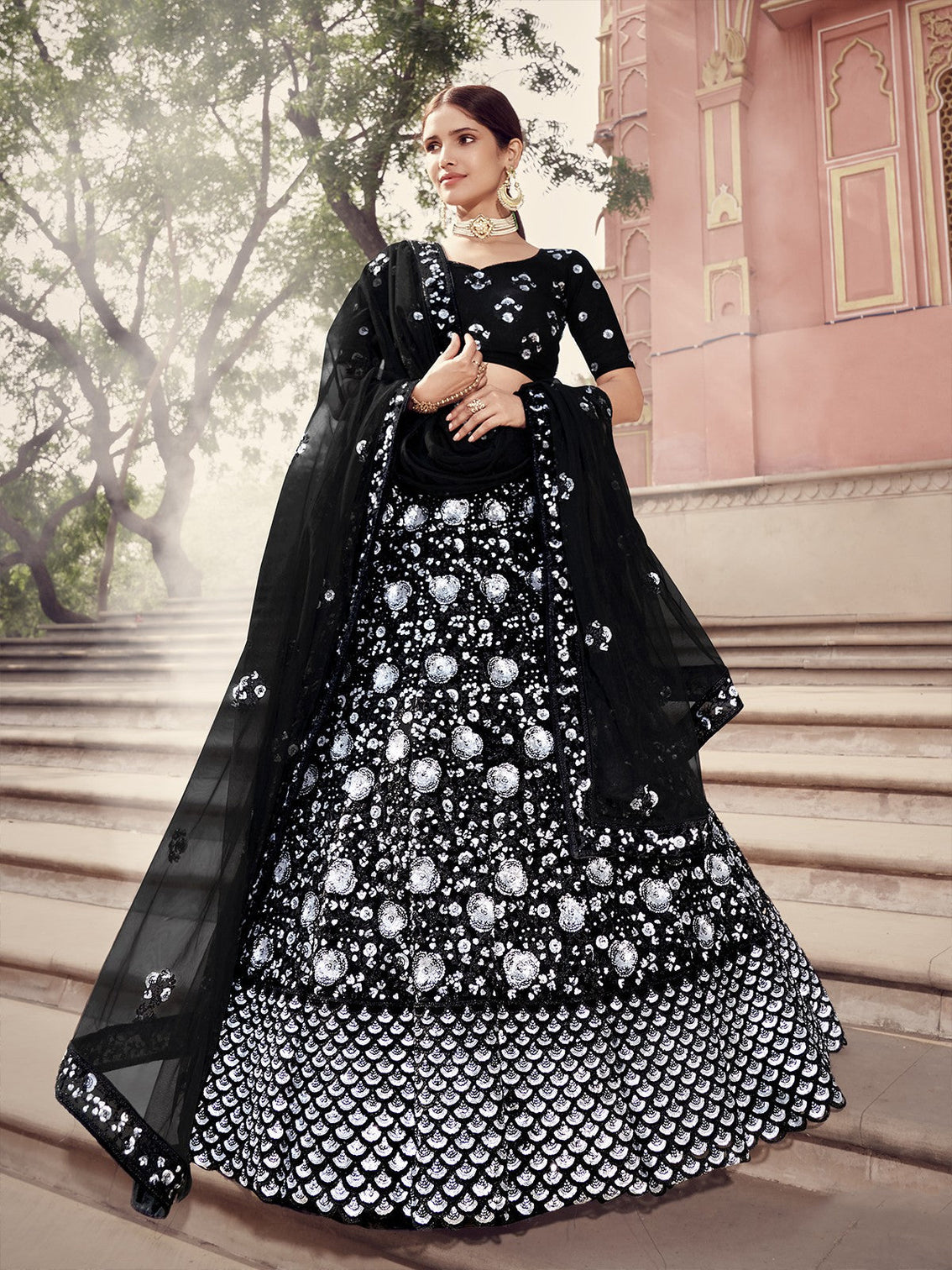 Black Designer Sequins Semi Stitched Lehenga With Unstitched Blouse
