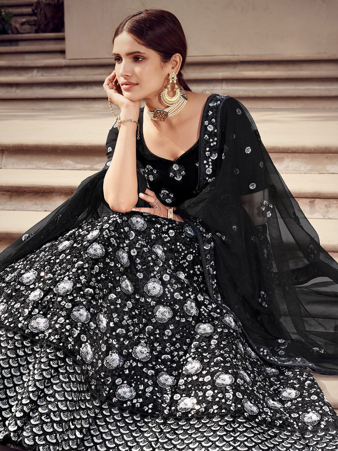Black Designer Sequins Semi Stitched Lehenga With Unstitched Blouse