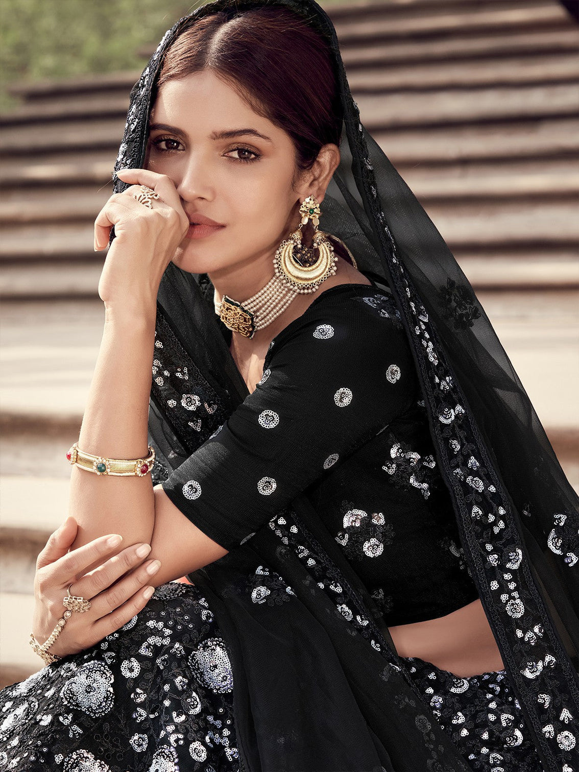 Black Designer Sequins Semi Stitched Lehenga With Unstitched Blouse