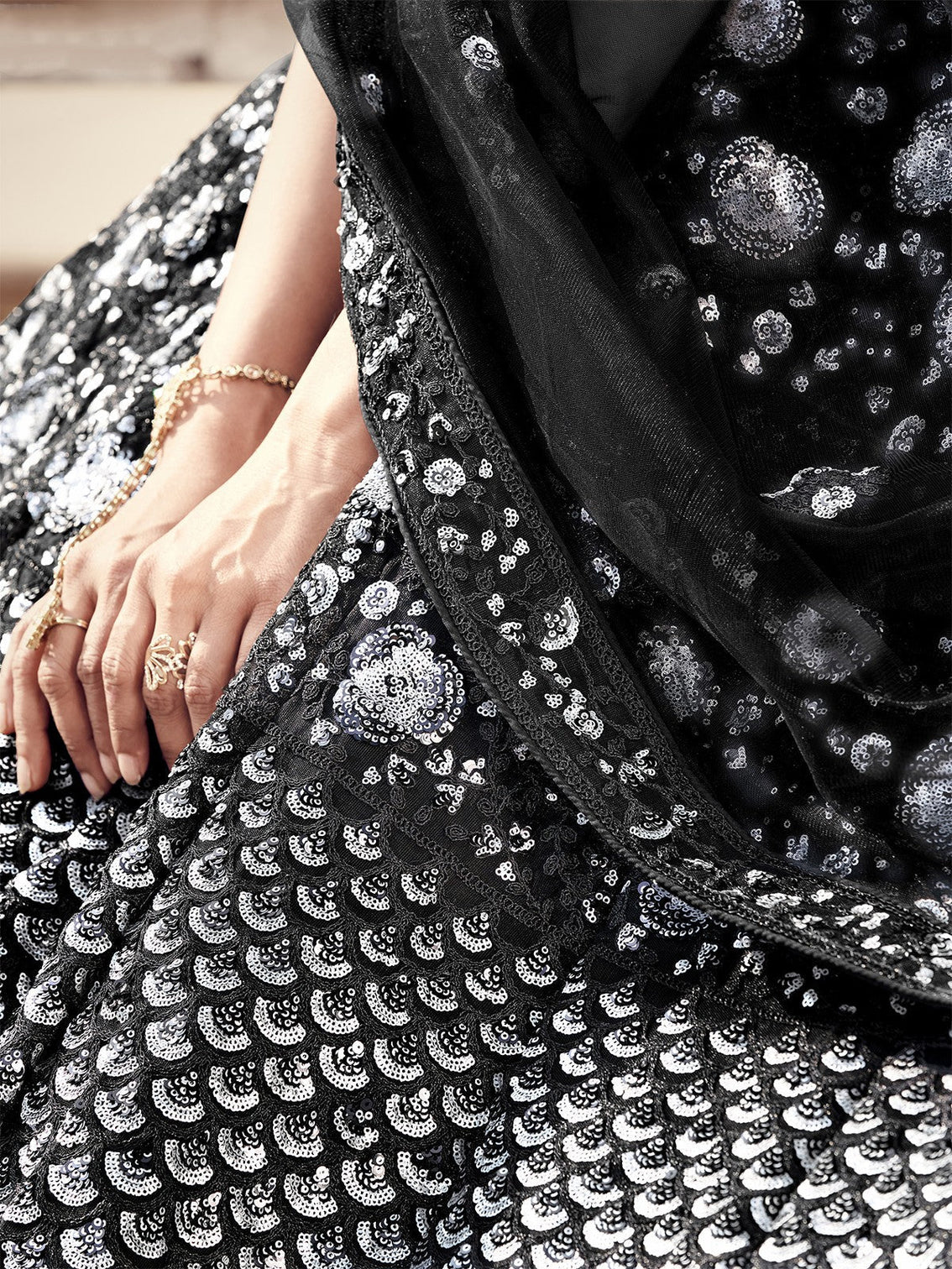 Black Designer Sequins Semi Stitched Lehenga With Unstitched Blouse