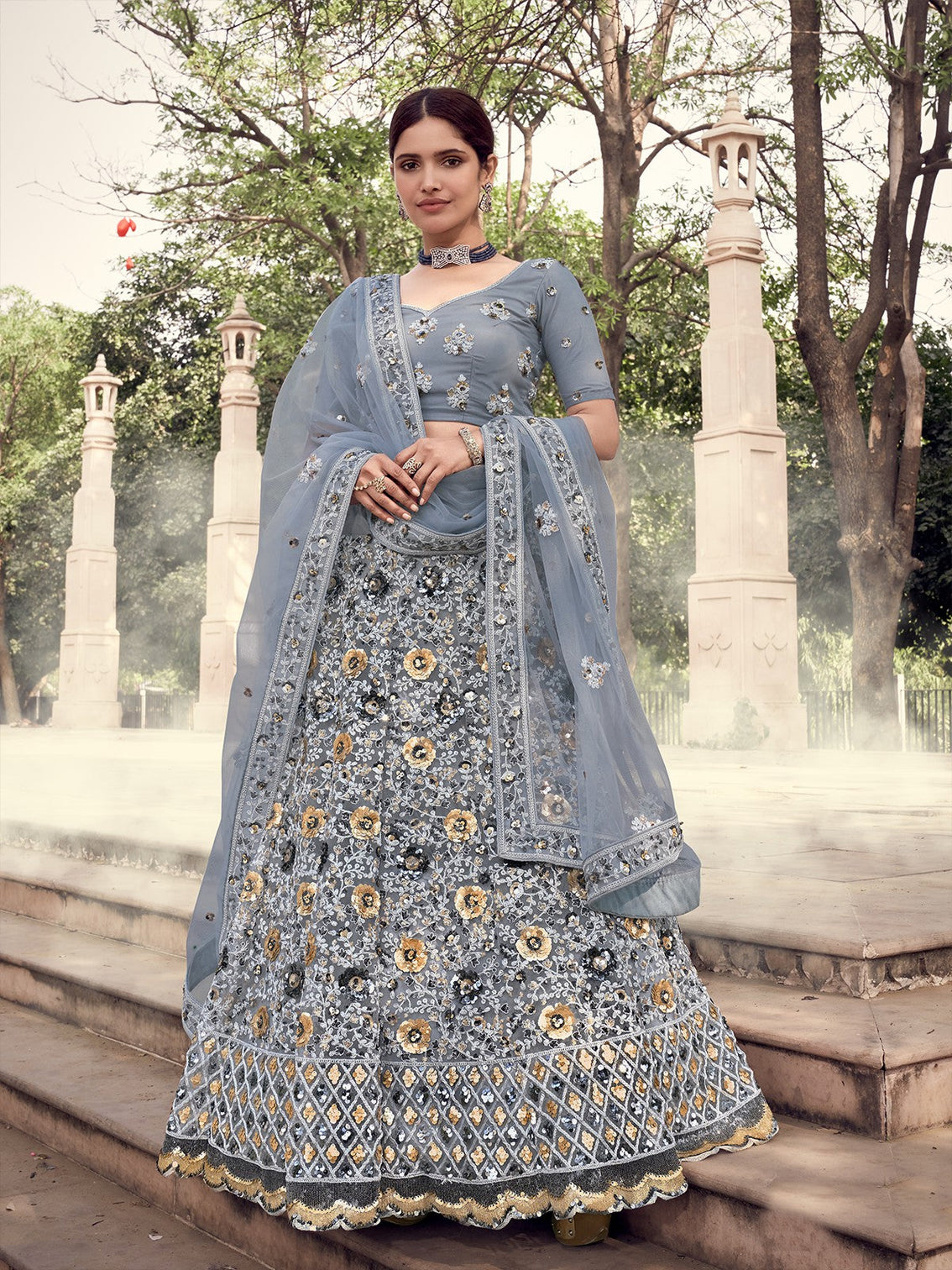 Grey Designer Semi Stitched Lehenga With Unstitched Blouse