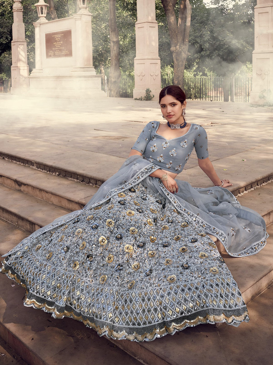 Grey Designer Semi Stitched Lehenga With Unstitched Blouse