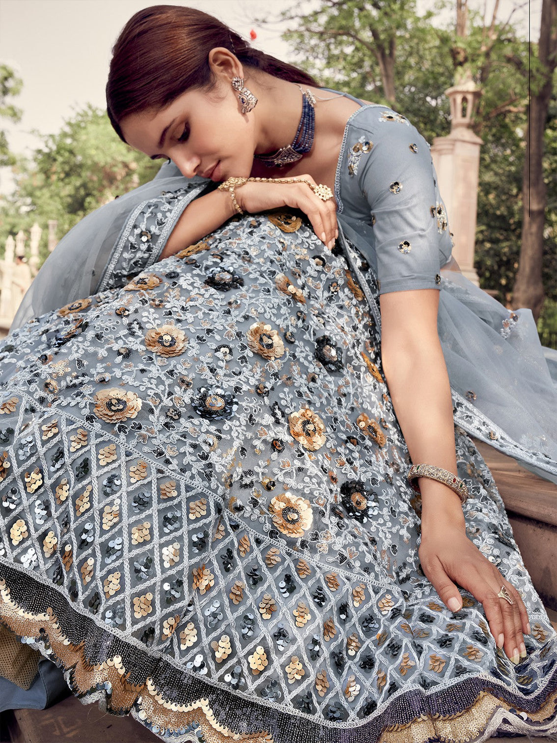 Grey Designer Semi Stitched Lehenga With Unstitched Blouse