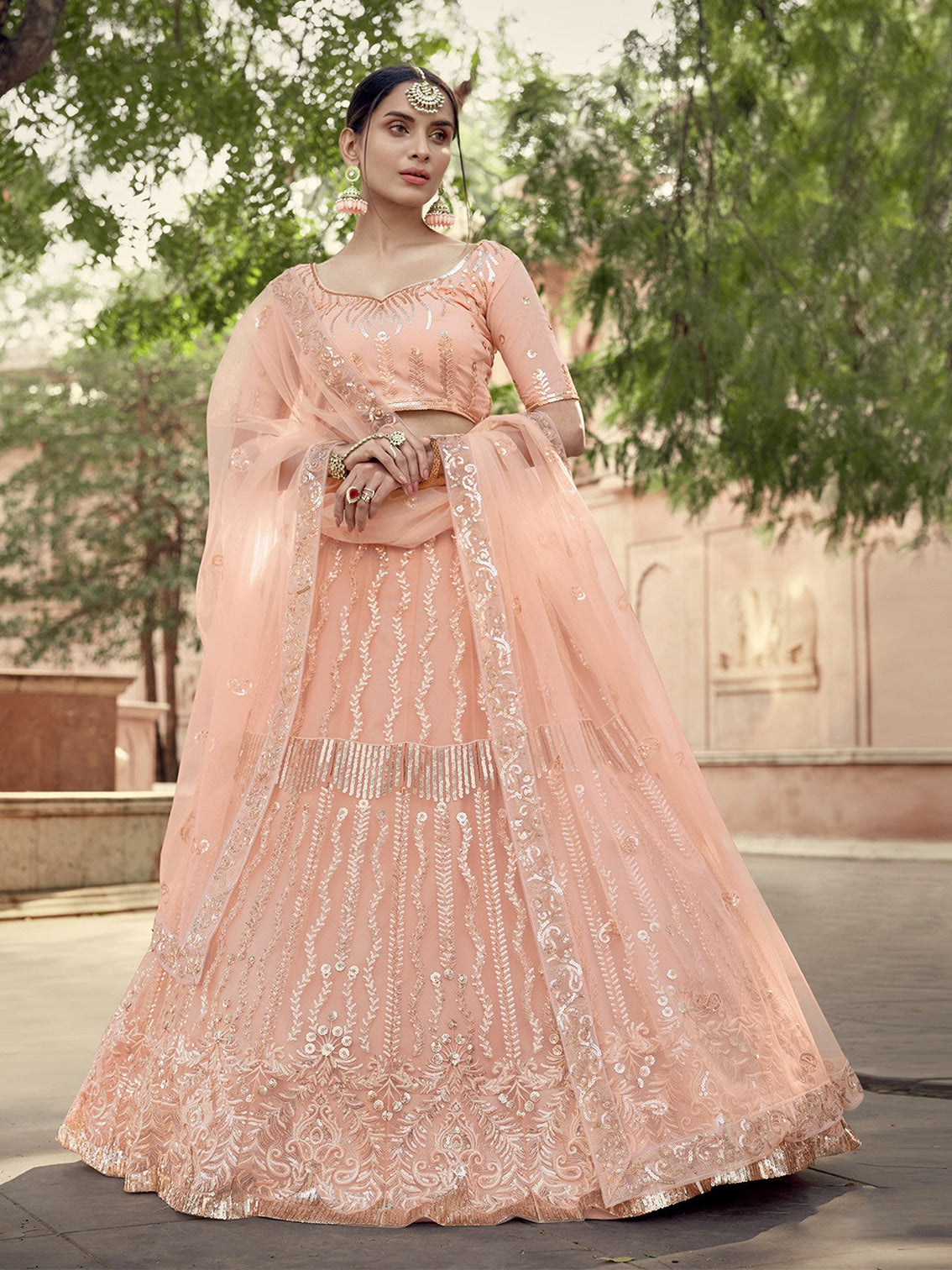 Peach Elegant Semi Stitched Lehenga With Unstitched Blouse