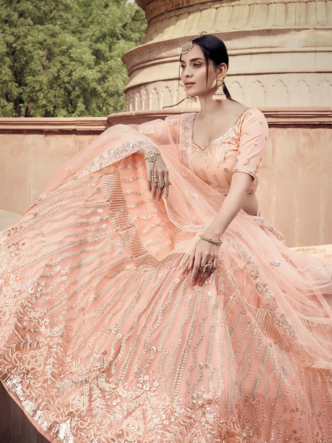 Peach Elegant Semi Stitched Lehenga With Unstitched Blouse