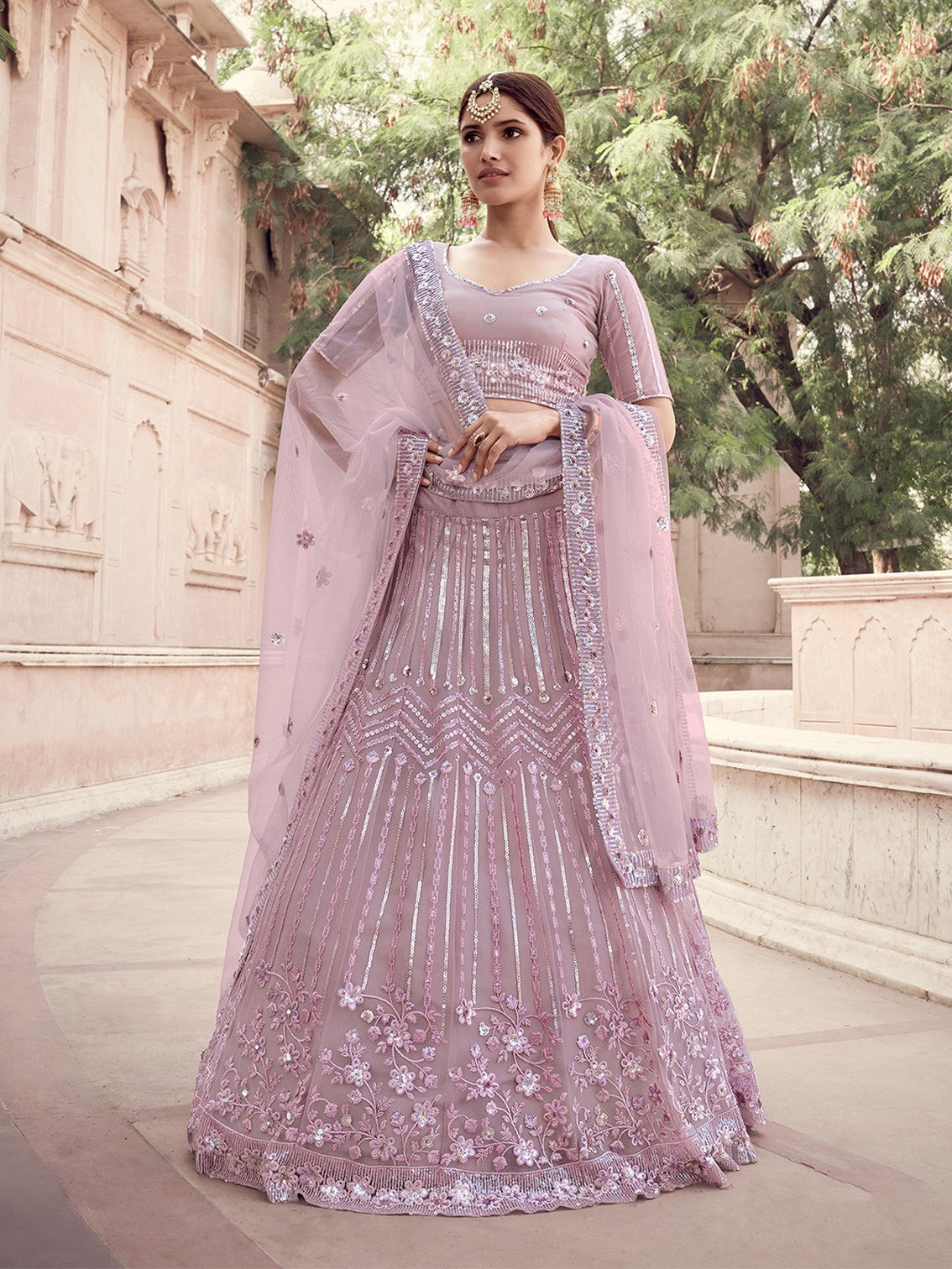 Impressive Lilac Soft Net Semi Stitched Lehenga With Unstitched Blouse