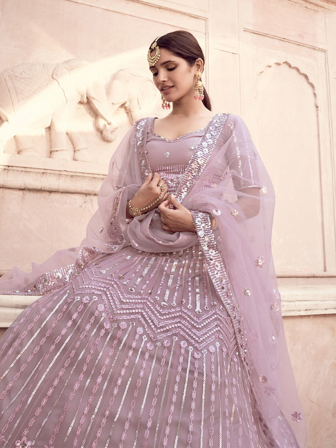 Impressive Lilac Soft Net Semi Stitched Lehenga With Unstitched Blouse
