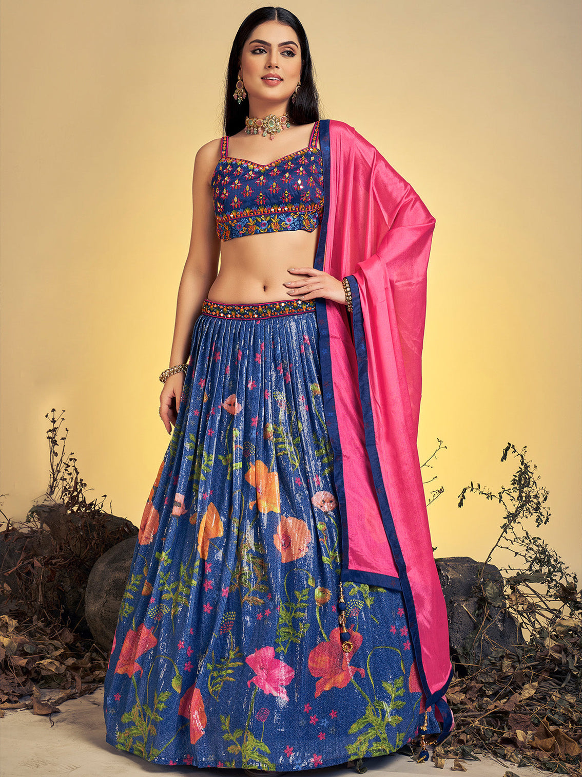 Classic Navy-Blue Art Silk Sequins Work Stitched Lehenga Choli Set