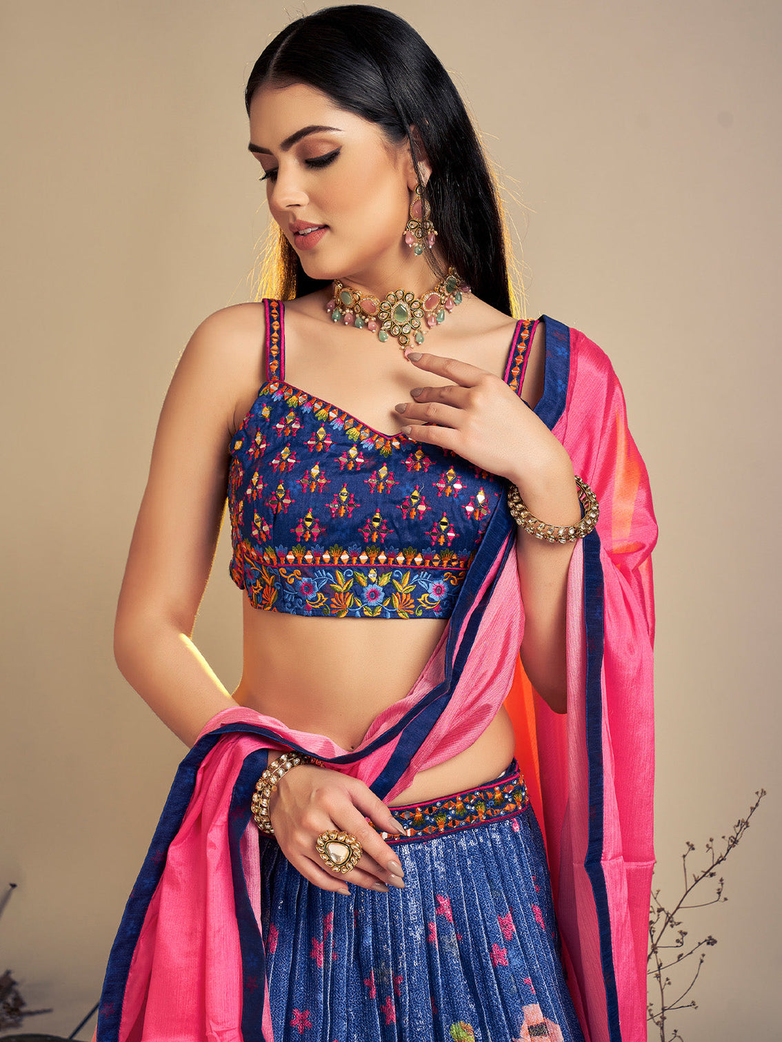 Classic Navy-Blue Art Silk Sequins Work Stitched Lehenga Choli Set