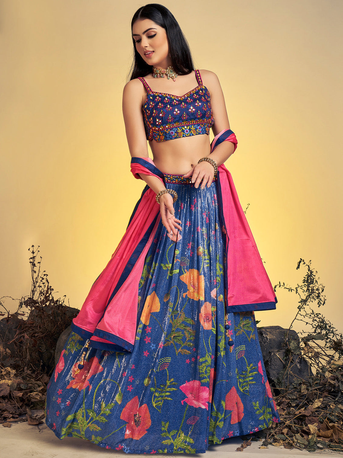 Classic Navy-Blue Art Silk Sequins Work Stitched Lehenga Choli Set